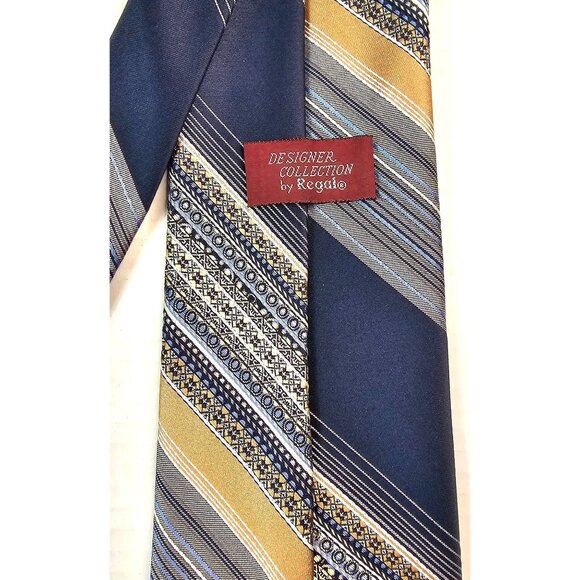 Regal Designer Collection Mens Tie Navy Blue & Gold Striped Pattern Silk - Picture 5 of 7